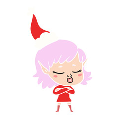 pretty flat color illustration of a elf girl wearing santa hat