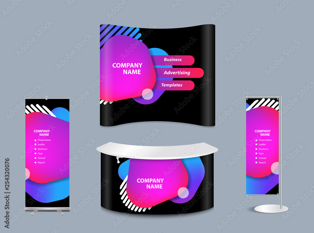 Poster geometric liquid form various colors with exhibition stand mock-up design templates, modern abstract