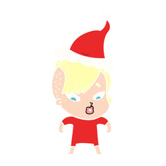 flat color illustration of a surprised girl wearing santa hat