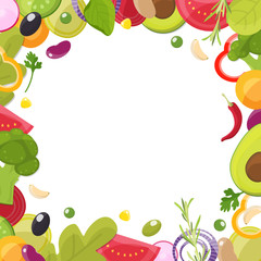 Menu background, border, frame design. Pieces of vegetables, sliced ingredients, spices and herbs for salad concept. Vector illustration.