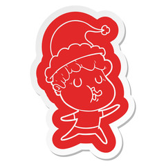 cartoon  sticker of a man singing wearing santa hat