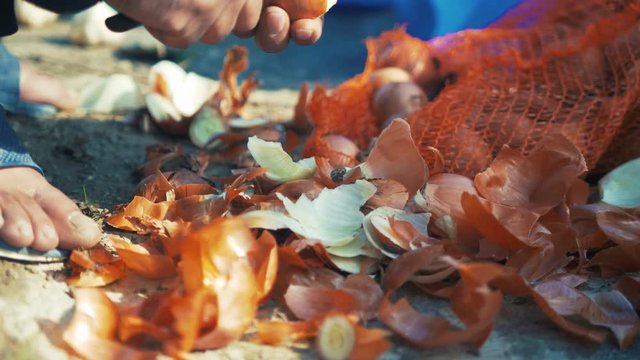 Man chopping onions outdoors sunshine camping preparing food