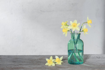 yellow narcissus in vase on old wooden wall