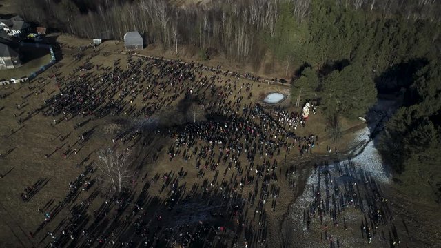 Aerial view of open-air Spring festival event in Lithuania. It's called Uzgavenes (shrove tuesday).