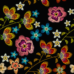 Embroidery camomiles, cornflowers, classical seamless pattern, fashionable template for design of clothes
