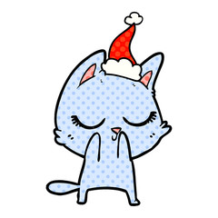 calm comic book style illustration of a cat wearing santa hat