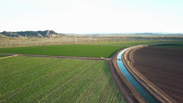 Aerial view of fields in the California desert, being watered by the all American Canal.