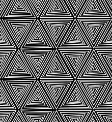 Schwarz-weißer grober Dreieckswirbel, geometrisches nahtloses Muster, Vektor
