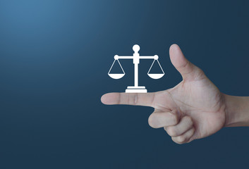 Law flat icon on finger over light gradient blue tone background, Business legal service concept