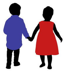 boy and girl hand in hand, walking, silhouette vector