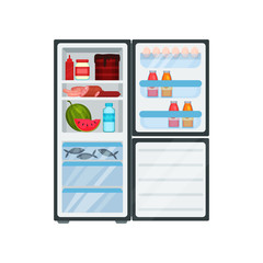 Flat vector of open refrigerator with products. Meat and fish, fresh watermelon, cake, bottles of sauces, and juice
