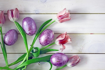 Beautiful Easter background in purple color. Colored purple Easter eggs and flowers tulips in purple on a wooden white background.  Easter card. Background, copy space