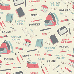 Seamless Pattern with  Hand Drawn Vector Art Supplies on White Background.