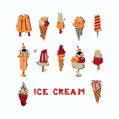 Hand-drawn Doodle Ice Cream  Different Set. Vector Doodle Illustration.