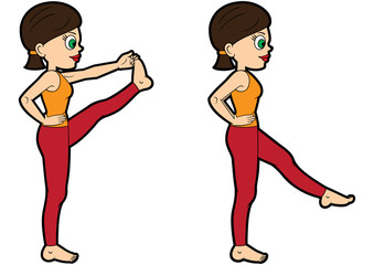 Yoga asana set standing leg forward extension/ Illustration cartoon girl doing utthita hasta padangusthasana variations
