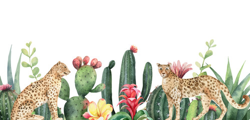 Watercolor vector banner tropical flowers, leopards and cacti isolated on white background. - 254325449