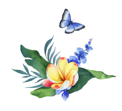 Watercolor vector composition tropical leaves, flowers and butterfly.