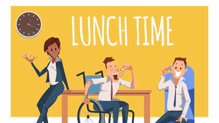 Naklejka premium Hungry Coworker Have Break for Lunch with Pizza