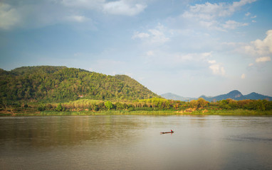 Fototapeta premium Landscape river beautiful view of Laos mountain blue sky background