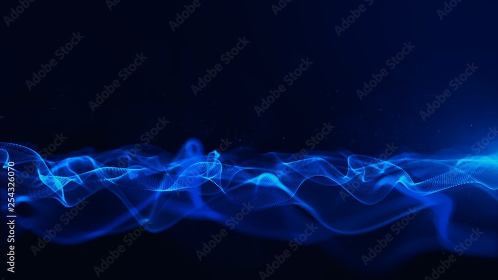 Poster abstract blue color digital particles with bokeh and light background