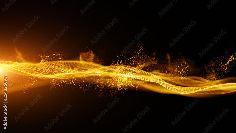 Poster abstract gold color digital particles with dust and light background