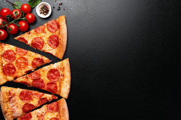 Pepperoni Pizza Slices On Black Background. Top View Of Pizza. Copy Space For Text, Menu, Recipe