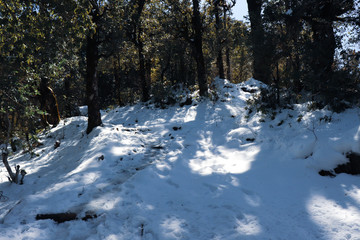Winter snow covered mountain peaks in India.