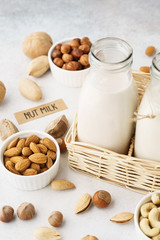 Various homemade nut milk and ingredients. Alternative milk.