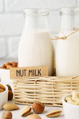 Different nut milk in bottles and ingredients.