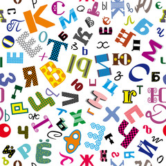 Seamless pattern of Cyrillic letters on a white background, letters of various shapes and sizes