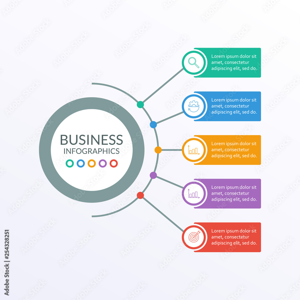 Poster business info graphic with 5 steps or options with circle elements. infographic template for busines