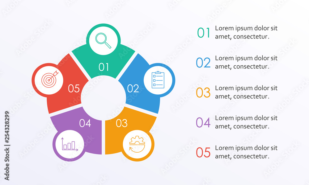 Poster business info graphic with 5 steps or options with circle elements. infographic template for busines