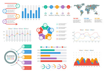 Infographic elements set. Infographics Dashboard template with graph, flow chart, diagram. Business report and presentation design. Modern UI graphic data. Vector illustration. - obrazy, fototapety, plakaty