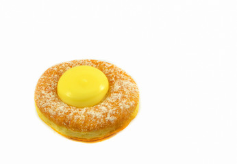 Close up of donuts with white sugar and jam vanilla cream