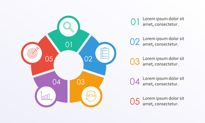 Business info graphic with 5 steps or options with circle elements. Infographic template for business process, presentation, workflow layout, diagram, chart. Modern simple design. Vector illustration.