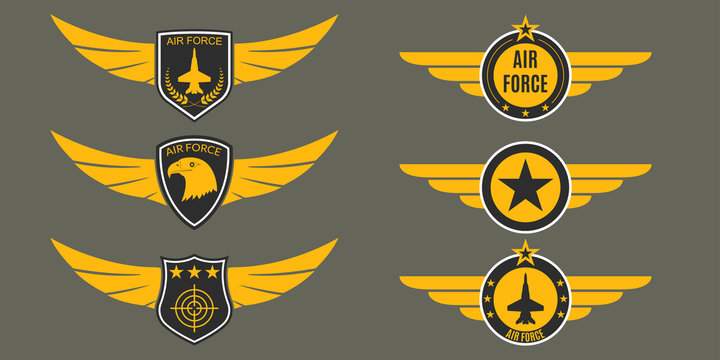 Air Force logo with wings, shields and stars. Military badges. Army patches. Vector illustration. 
