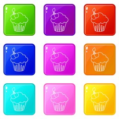 Cherry cupcake icons set 9 color collection isolated on white for any design