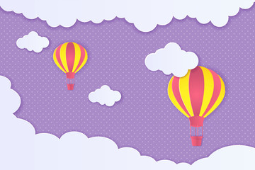 Beautiful clouds and air balloons! Abstract paper art 3D vector illustration on purple background. 