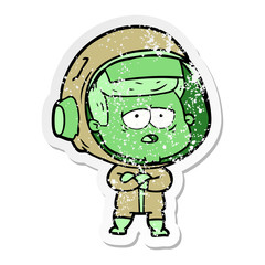 distressed sticker of a cartoon tired astronaut