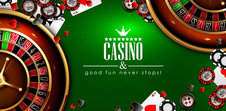 Casino advertising with roulette and elements of casino games on a green background.  3D vector. High detailed realistic illustration.