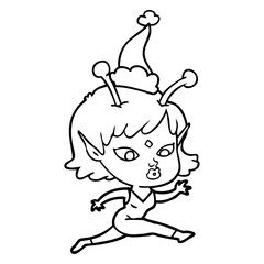 pretty line drawing of a alien girl running wearing santa hat