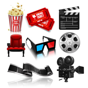 Objects for the film industry.on white background.  3D vector. High detailed realistic illustration