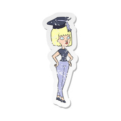 retro distressed sticker of a cartoon woman with graduation cap