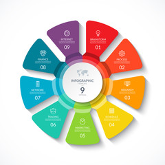 Vector infographic circle. Cycle diagram with 9 options. Round chart that can be used for report, business presentation, data visualization.