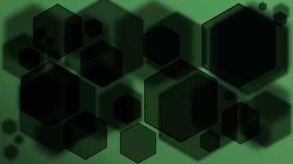 Black hexagons on the green background. Geometric bokeh backdrop