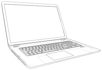 Technical Illustration with laptop drawing on the 3d blueprint.