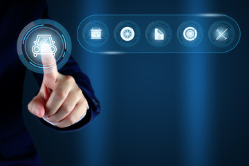 Businessman pointing a car with service icons, Concept of car checking, repair and maintenance..