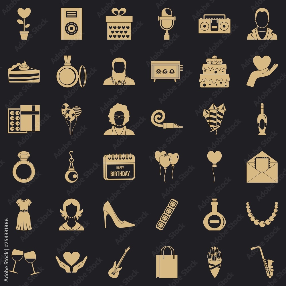 Poster fun party icons set. simple style of 36 fun party vector icons for web for any design