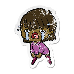 distressed sticker of a cartoon girl crying