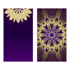 Yoga Card Template With Mandala Pattern. For Business Card, Fitness Center, Meditation Class. Vector Illustration. Luxury romantic purple gold color